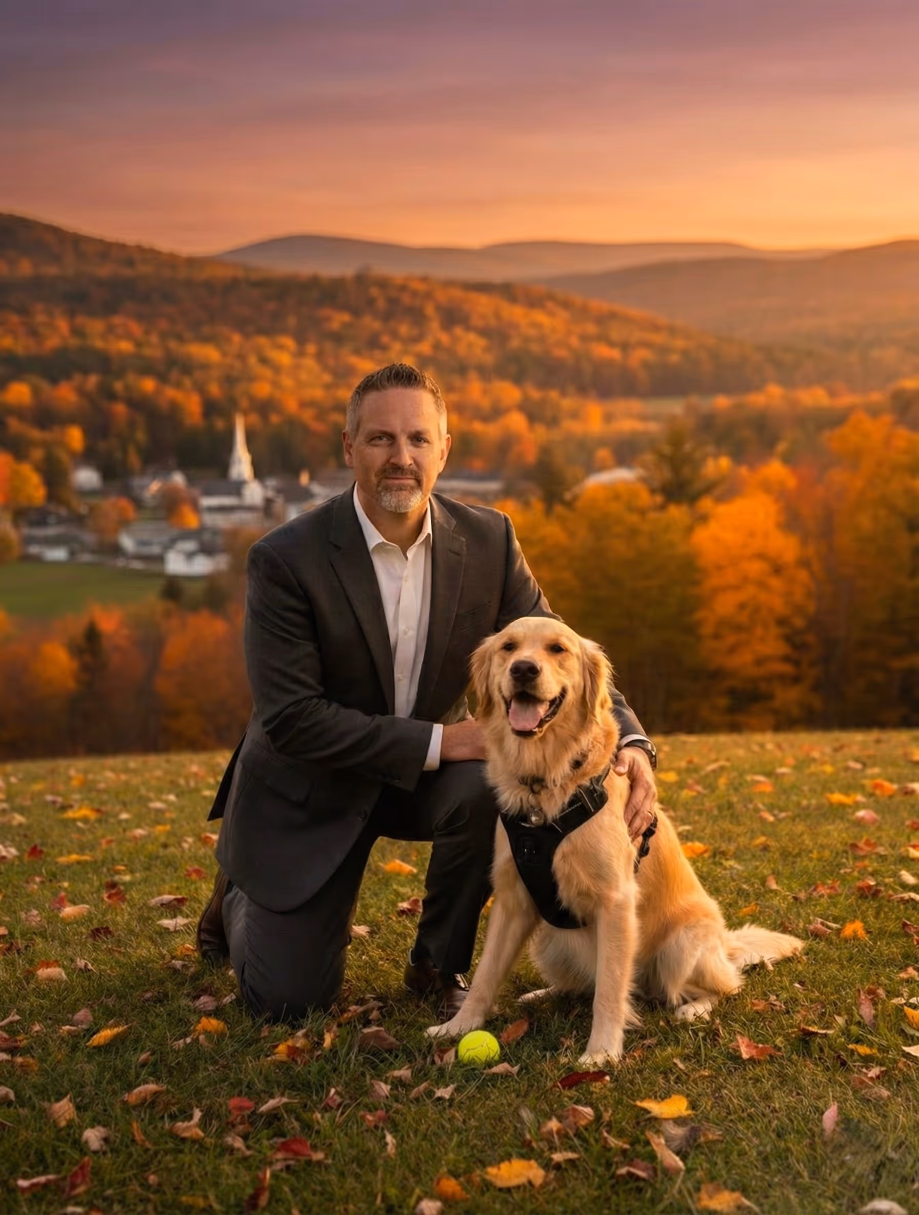 Man in a suit kneeling on grass with a golden retriever and autumn trees in the background.