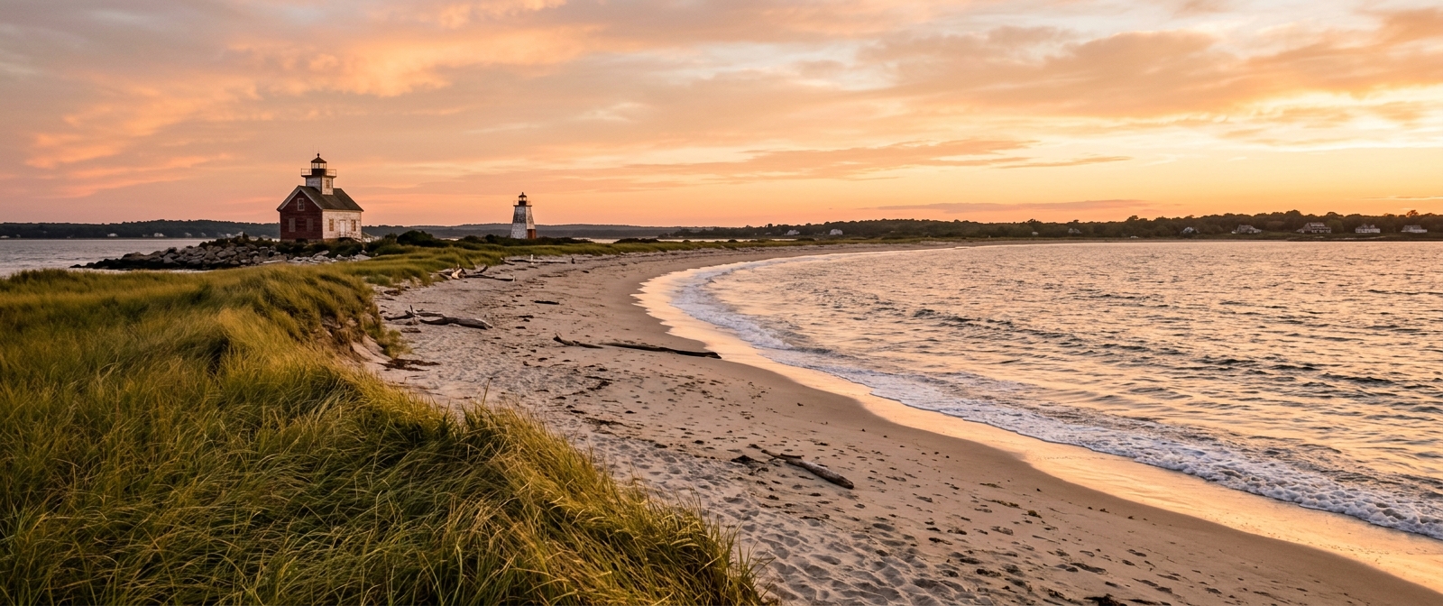 Connecticut shoreline with calm water and coastal homes