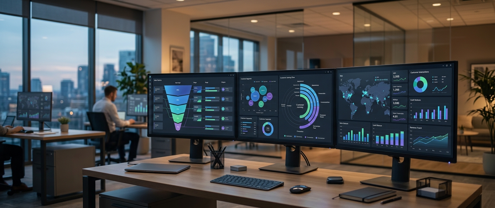 Business leaders reviewing CRM analytics and revenue operations data in a conference room