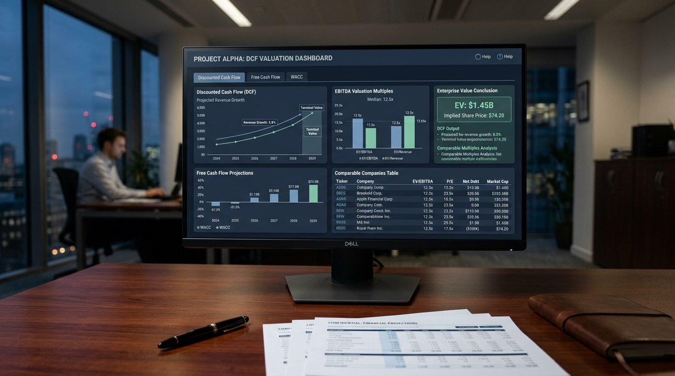 DCF valuation model and comparable companies analysis on a financial dashboard, supporting pre-close due diligence and post-merger integration.