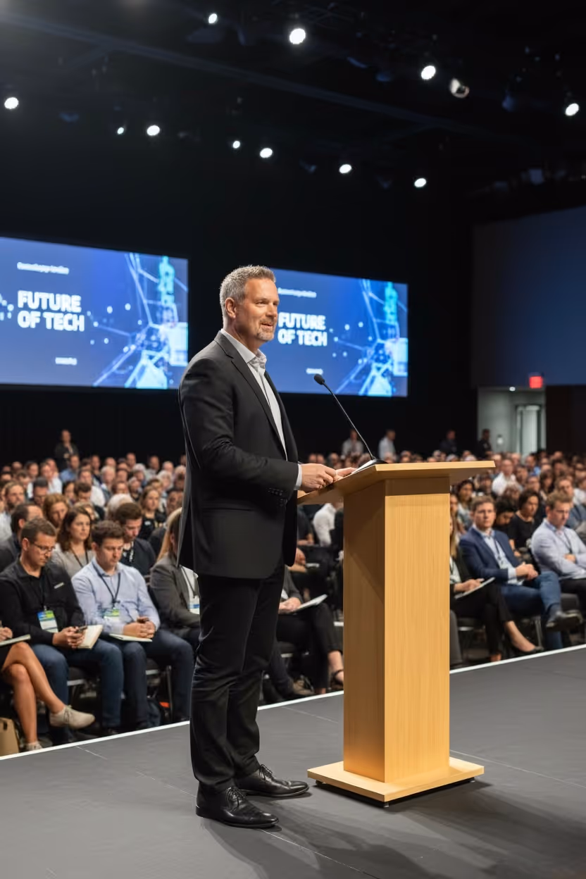 Man in suit speaking at a podium to an audience with screens behind reading 'Future of Tech'.