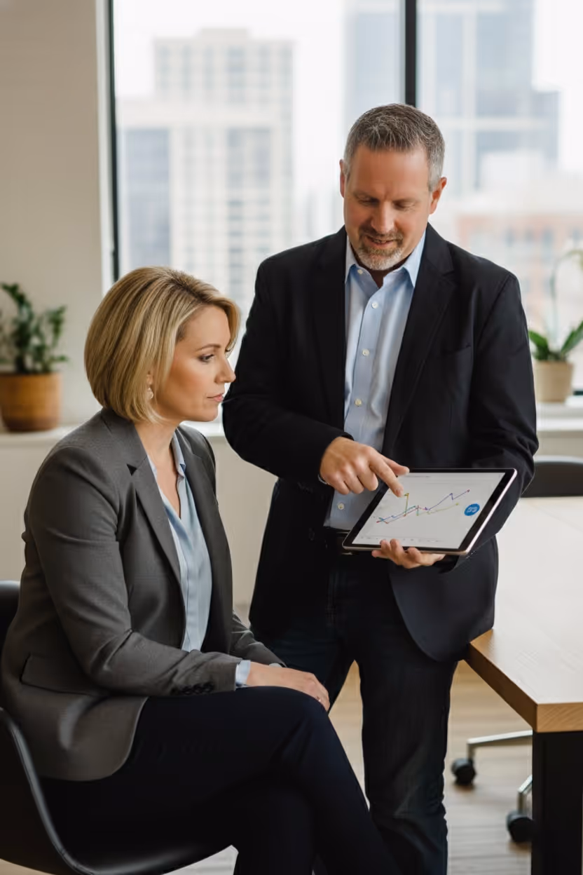 Man in blazer shows graph on tablet to seated woman in blazer in office setting.