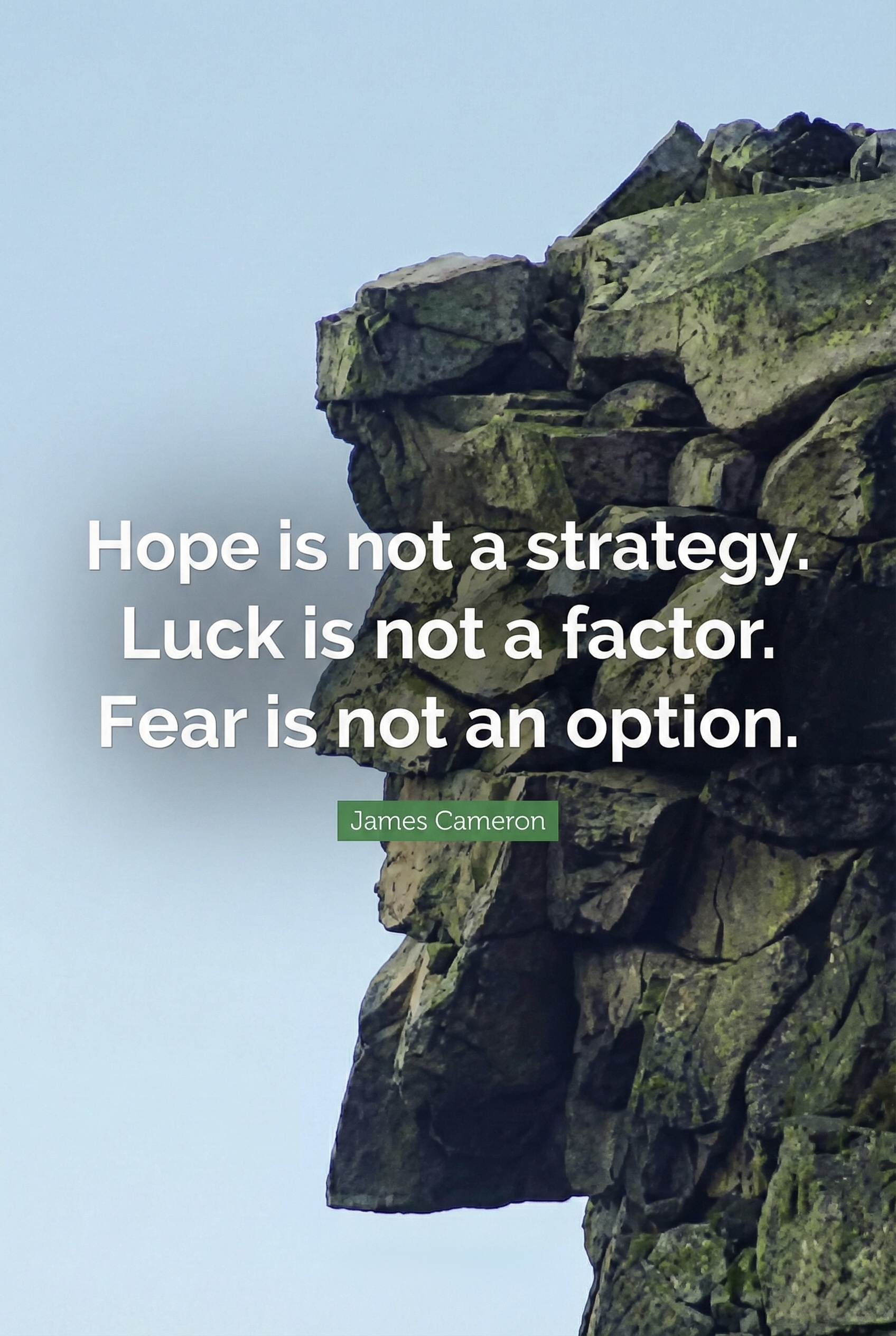 Rock formation resembling a human face profile with quote by James Cameron over a pale blue sky.