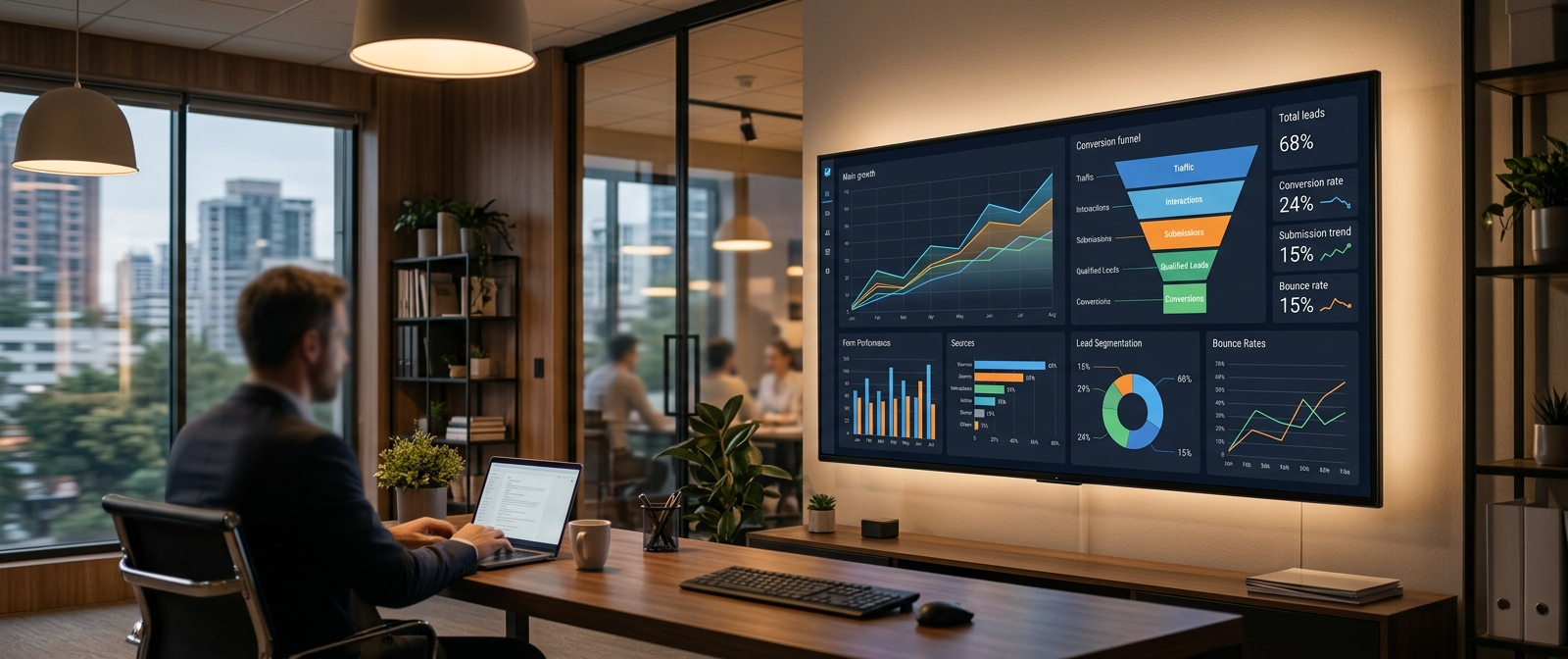 Branded before-and-after analytics dashboard showing high-intent form submissions rising from 85 to 158, an 85.88 percent increase