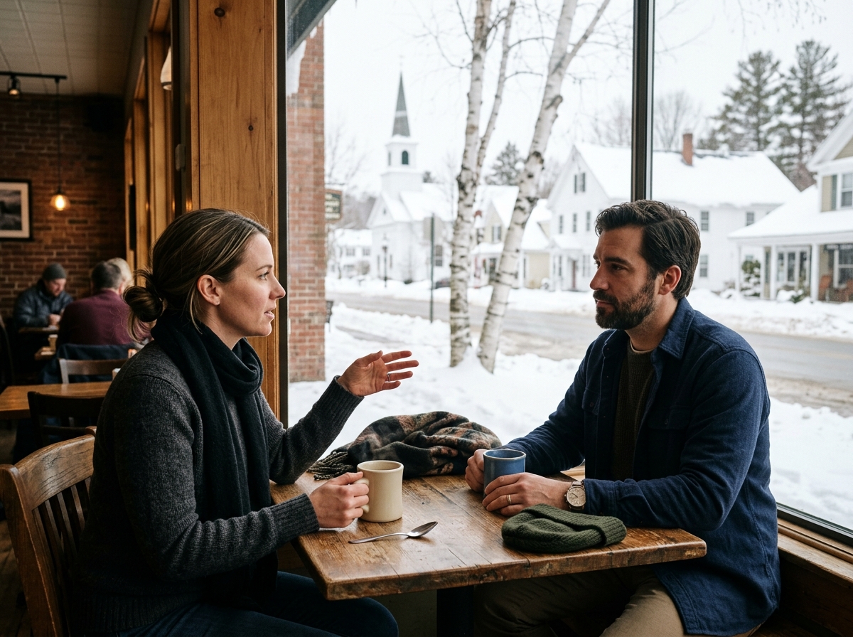 A man and woman in business attire having a focused one-on-one conversation over coffee in a New England cafe, with a snow-covered town visible through the window behind them.