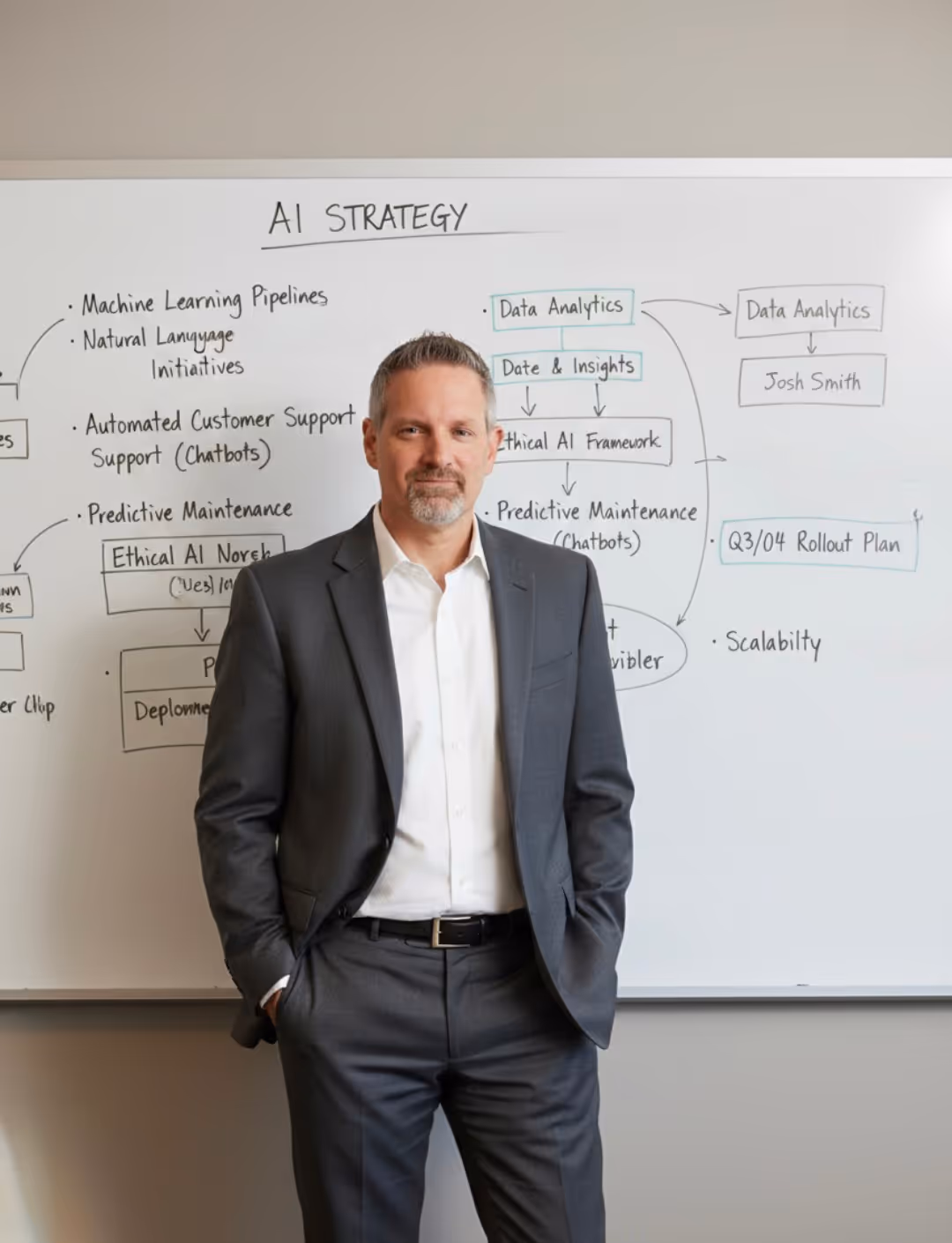 Man in dark suit and white shirt stands in front of whiteboard with AI strategy notes.