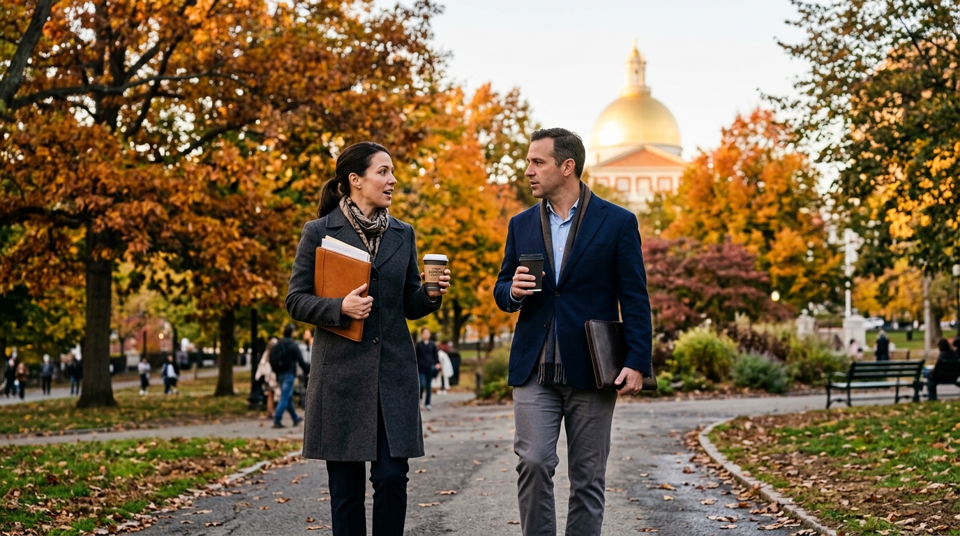 Two business professionals having a focused conversation on a path in Boston Common, with the Massachusetts State House dome visible through the autumn trees in the background.