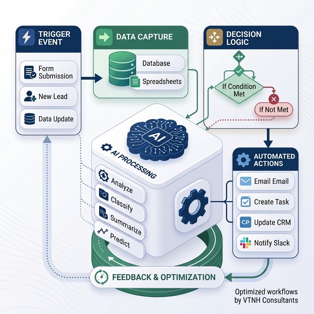 AI workflow automation process diagram showing trigger events, data capture, decision logic, AI processing, automated actions, and feedback optimization.