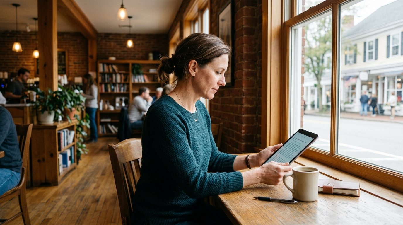A woman reading an iPad by a window in a New England coffee shop.