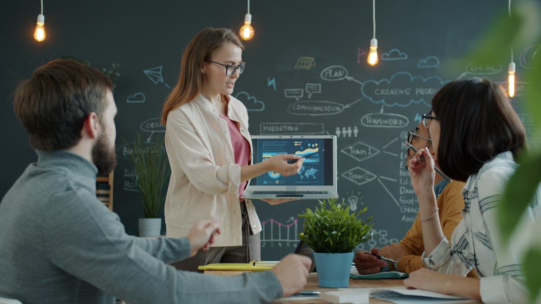 A presenter shares a business strategy with colleagues.