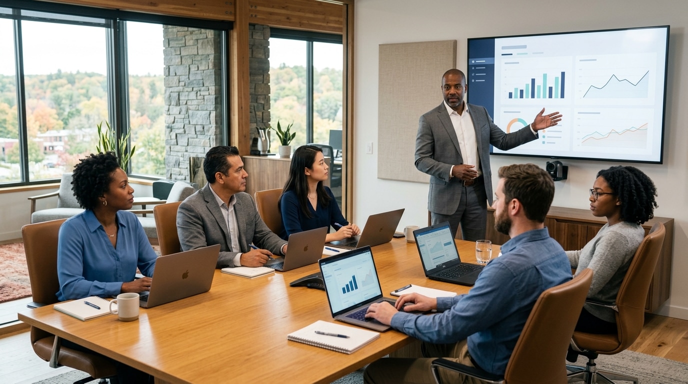 Marketing team members review laptops while their CMO presents a channel plan.